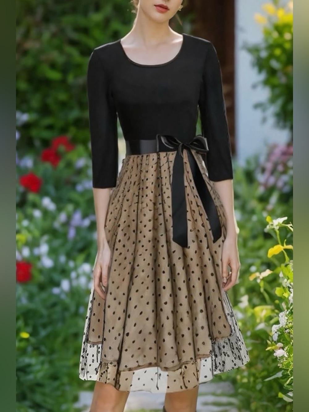 NWT Mixed Media Black Bodice Polka Dot Tulle Skirt Party Dress Womens Medium
